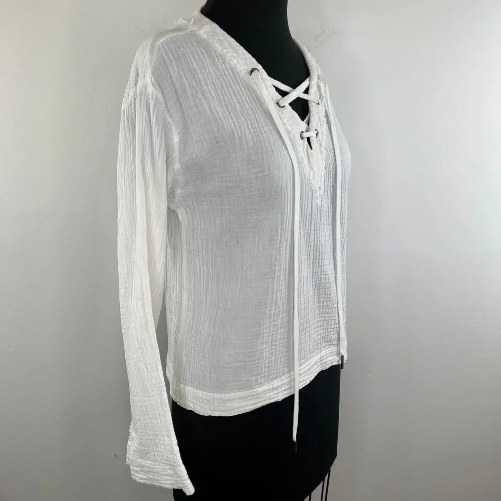 Cloth & Stone White Cotton Gauze Lace Up Neck Long Sleeve Top Blouse X-Small XS